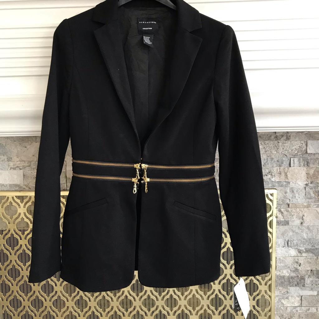 Doncaster Black Zip-Detail Blazer Gold Hardware Wool Blend Jacket (Size 2)